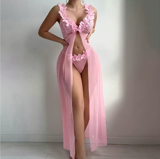 Nightdress Sheer Slit Chemise Gown G-string Set Elegant Sling pink Lingerie for Women