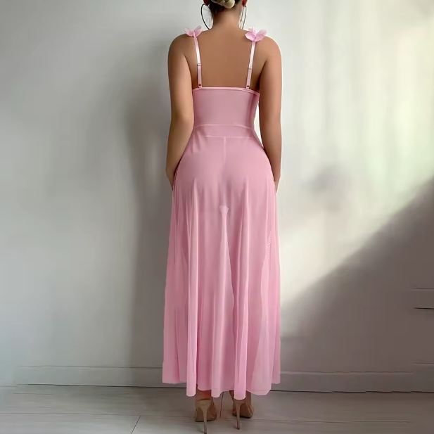 Nightdress Sheer Slit Chemise Gown G-string Set Elegant Sling pink Lingerie for Women